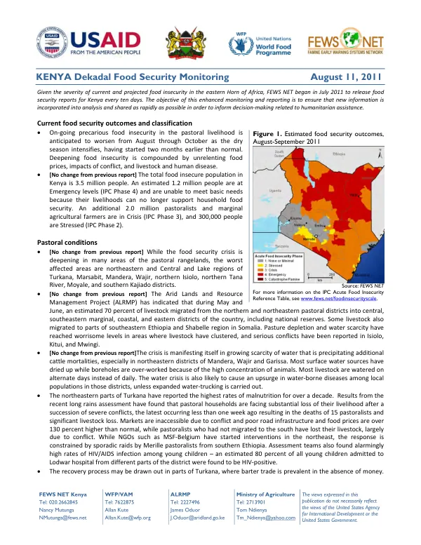 Kenya dekadal food security monitoring, August 11, 2011