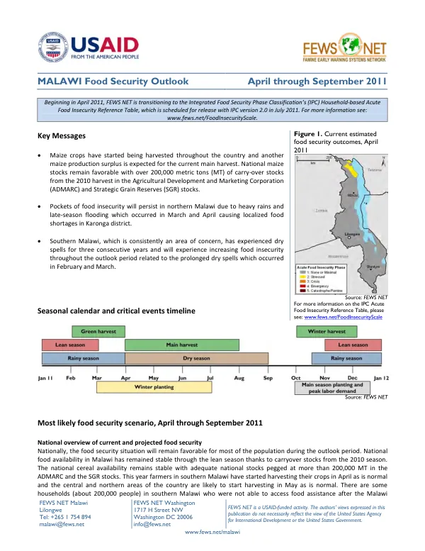 Malawi food security outlook, April through September 2011