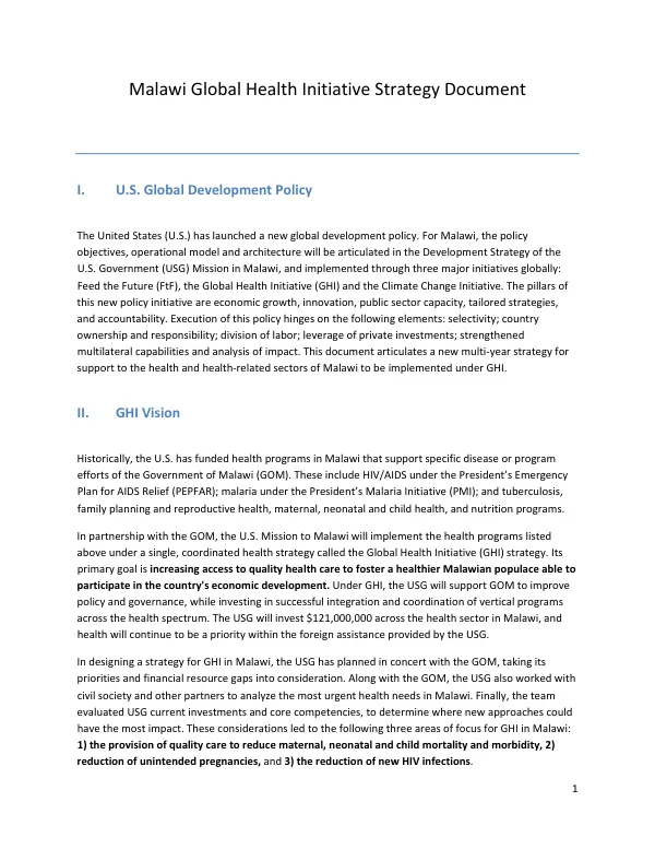 Malawi global health initiative strategy document