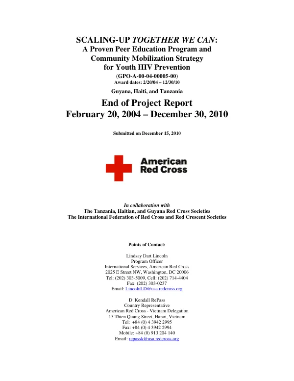 Scaling-up together we can : a proven peer education program and community mobilization strategy for youth HIV prevention -- (GPO-A-00-04-00005-00) Guyana, Haiti, and Tanzania : end of project report, February 20, 2004-December 30, 2010