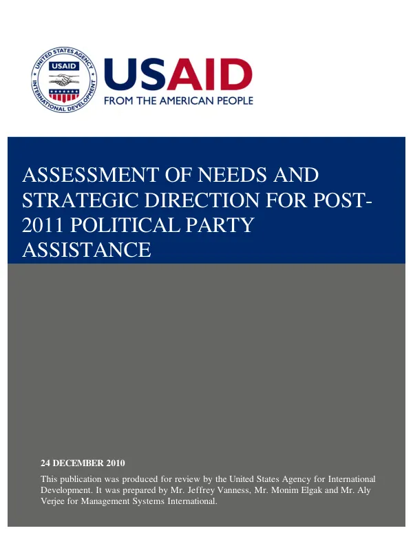 Assessment of needs and strategic direction for post- 2011 political party assistance