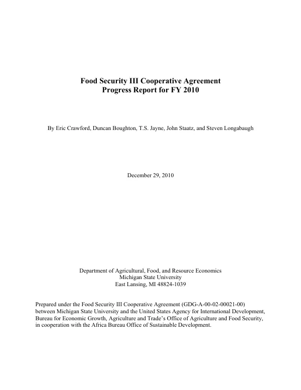 Food security III cooperative agreement progress report for FY 2010