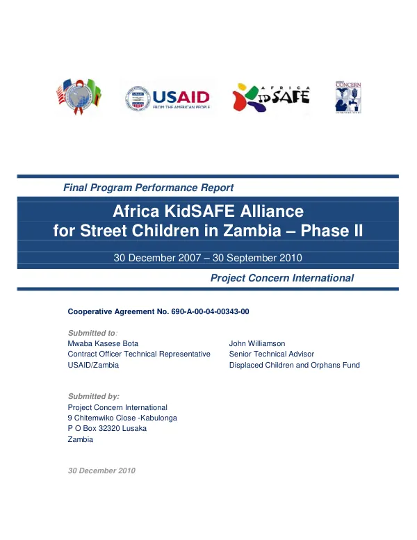 Final program performance report : Africa KidSAFE Alliance for street children in Zambia, phase II, 30 December 2997-September 2010