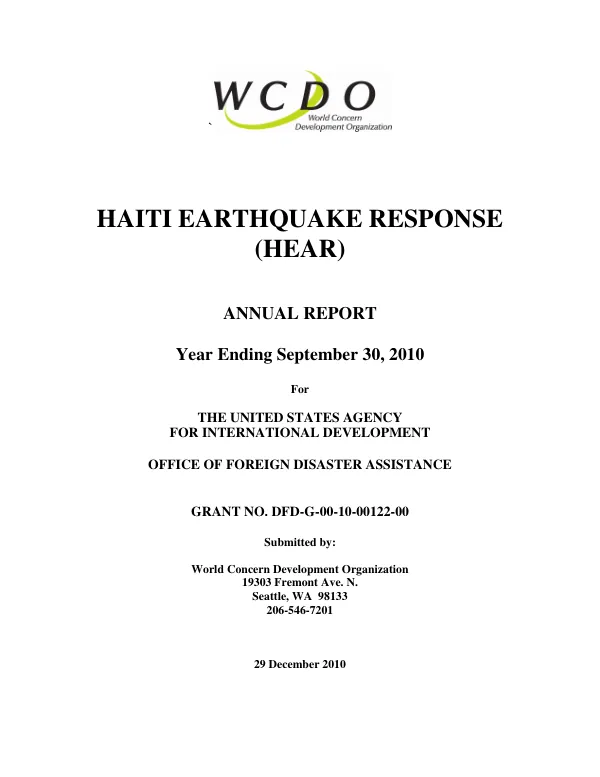 Haiti earthquake response (HEAR) : annual report -- year ending September 30, 2010