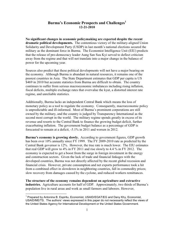 Burma"s economic prospects and challenges