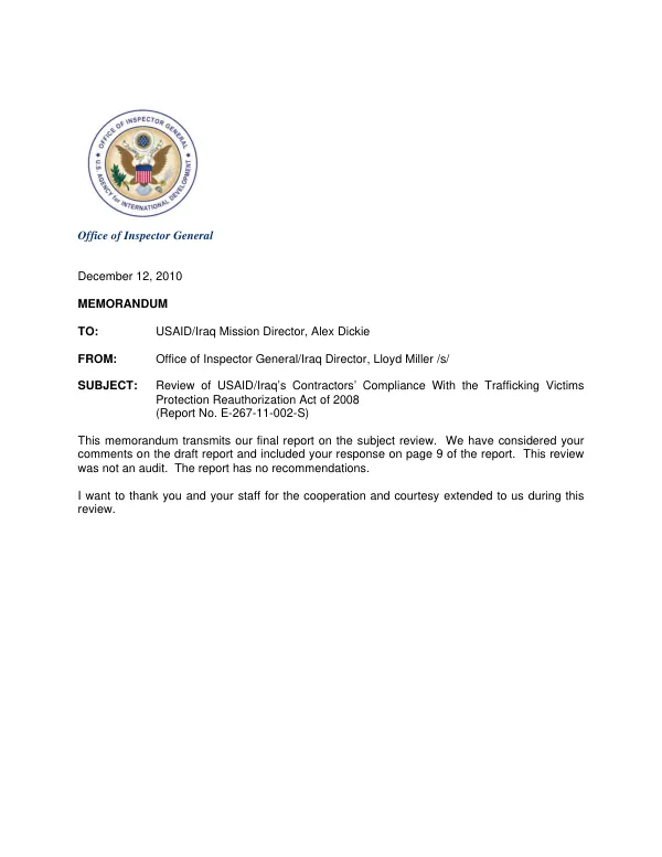 Review of USAID/Iraq"s contractors" compliance with the Trafficking Victims Protection Reauthorization Act of 2008
