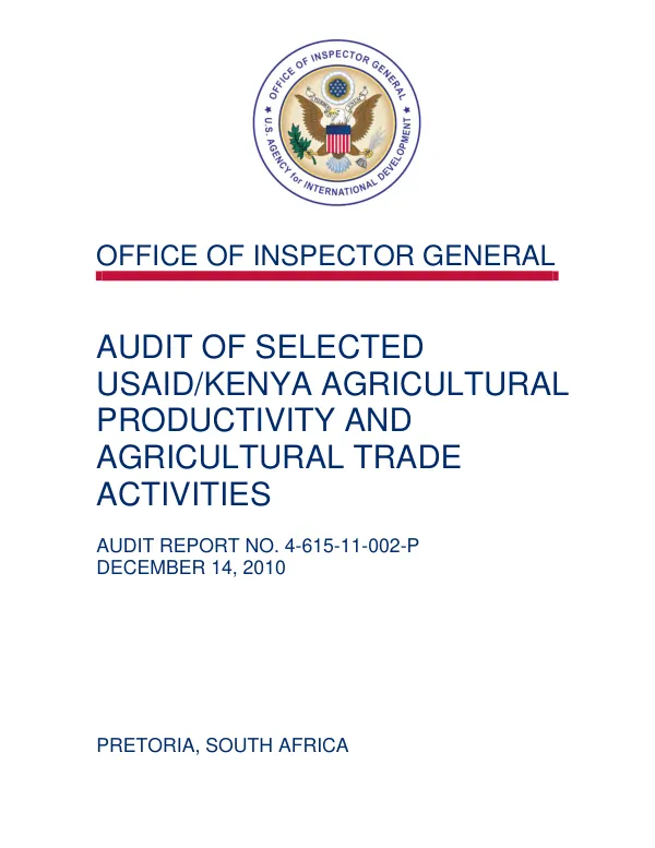 Audit of selected USAID/Kenya" agricultural productivity and agricultural trade activities