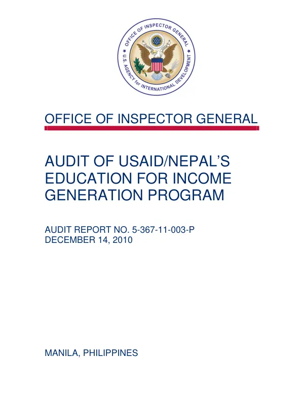 Audit of USAID/Nepal"s education for income generation program