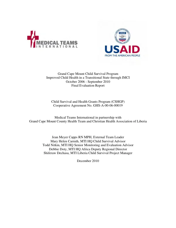 Improved child health in a transitional state through IMCI (Integrated management of childhood illness) : October 2006-September 2010 -- final evaluation report