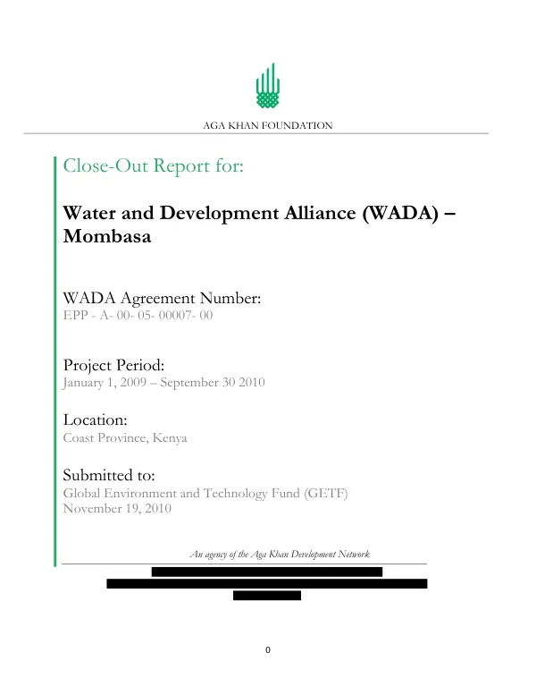 Close-out report for : water and development alliance (WADA)-Mombasa, WADA agreement number : EPP-A-00-05-00007-00, project period : January 1, 2009-September 30, 2010