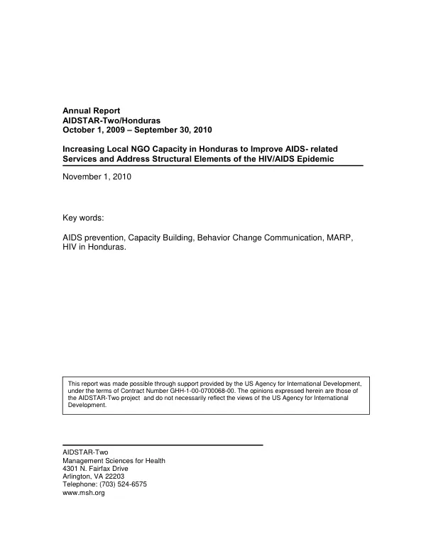 Annual report : AIDSTAR-TWO/Honduras, October 01, 2009-September 30, 2010 -- increasing local NGO capacity in Honduras to improve AIDS-related services and address structural elements of the HIV/AIDS epidemic