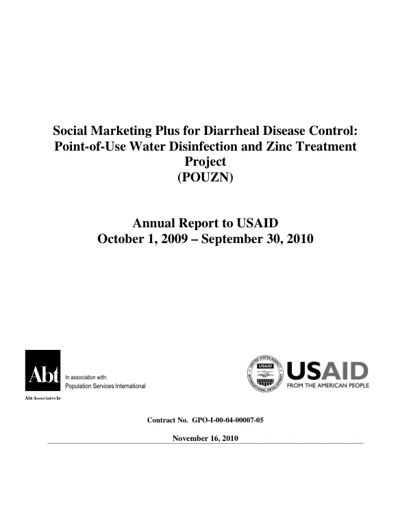 Social marketing plus for diarrheal disease control : point-of-use water disinfection and zinc treatment project (POUZN) : annual report to USAID, October 1, 2009-September 30, 2010