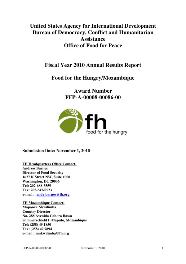 Fiscal year 2010 annual results report : Food for the Hundgrey/Mozambique -- award number FFP-A-00008-00086-00