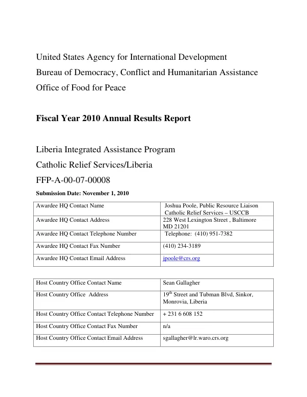 Fiscal year 2010 annual results report : Liberia integrated assistance program