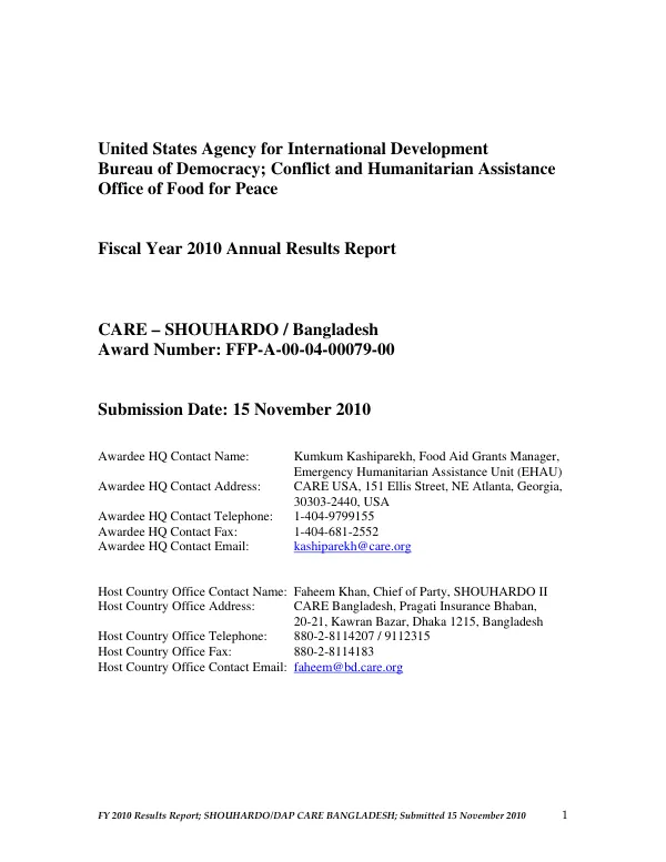 Fiscal year 2010 annual results report : Care - SHOUHARDO -- Bangladesh
