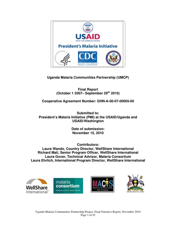 Uganda malaria communities partnership (UMCP) : final report, (October 1, 2007-September 29th 2010)