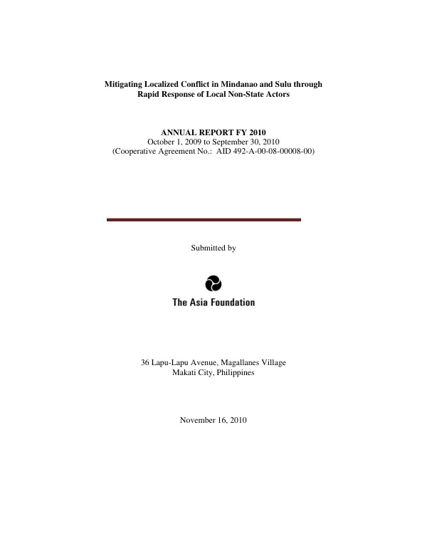 Mitigating localized conflict in Mindanao and Sulu through rapid response of local non-state actors : annual report FY 2010, October 1, 2009 to September 30, 2010 (cooperative agreement no. AID 492-A-00-08-00008-00)