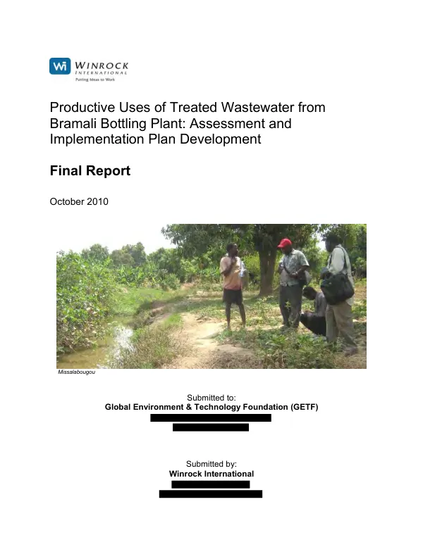 Productive uses of treated wastewater from Bramali bottling plant : assessment and implementation plan development : final report, 2010