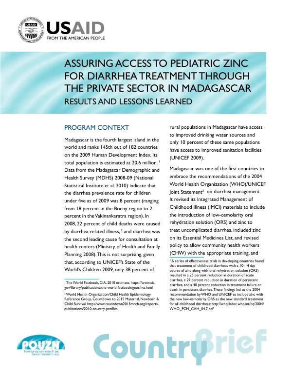 Assuring access to pediatric zinc for diarrhea treatment through the private/sector in Madagascar : results and lessons learned