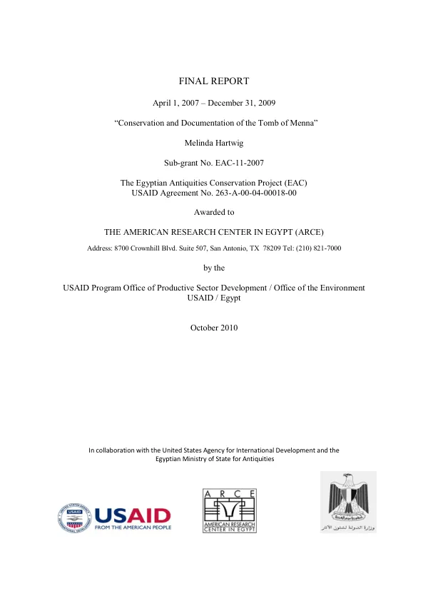 Tomb of MENNA : conservation and documentation project : final report 2007-2009