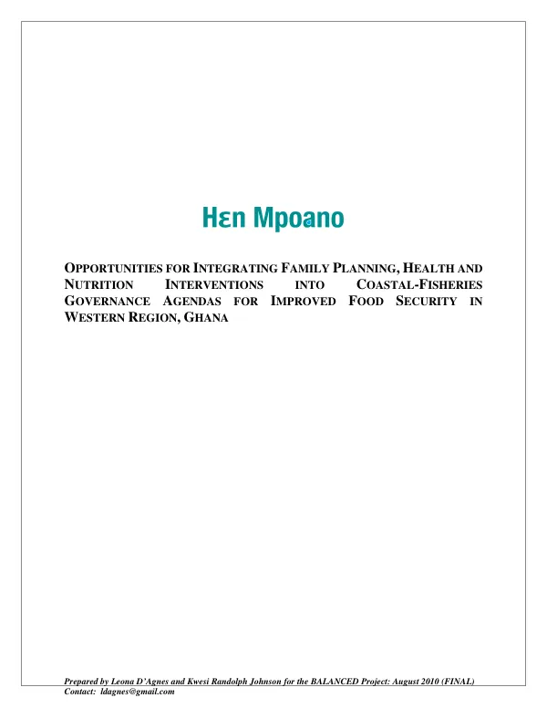 Hen Mpoano (our coast) : opportunities for integrating family planning, health and nutrition interventions into coastal fisheries governance agendas for improved food security in western region, Ghana