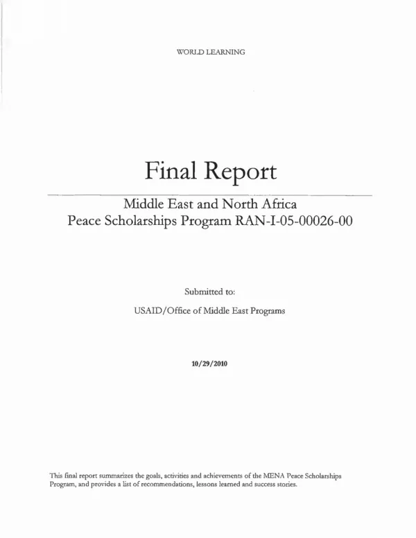 Final report : Middle East and North Africa peace scholarships program : RAN-I-05-00026-00