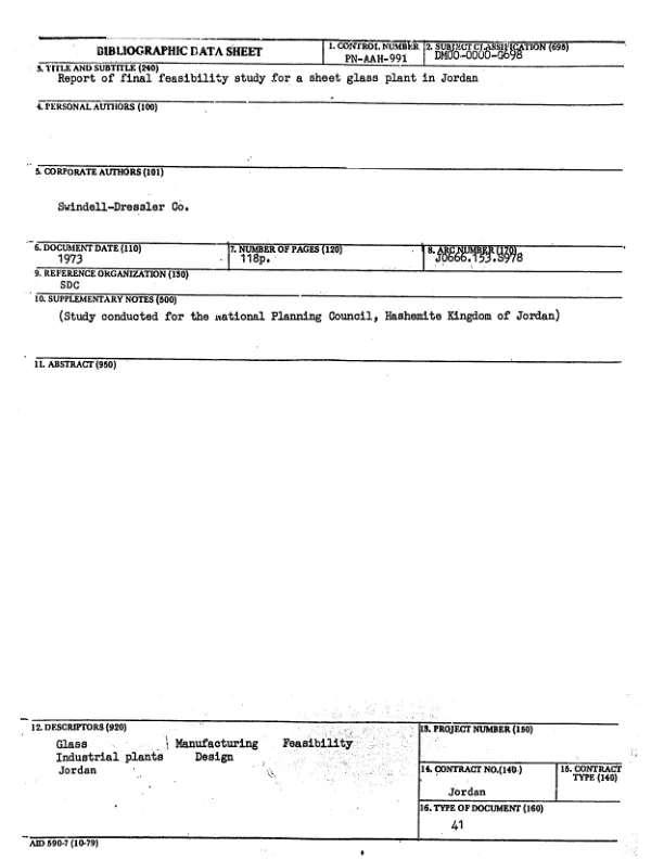 REPORT OF FINAL FEASIBILITY STUDY FOR A SHEET GLASS PLANT IN JORDAN