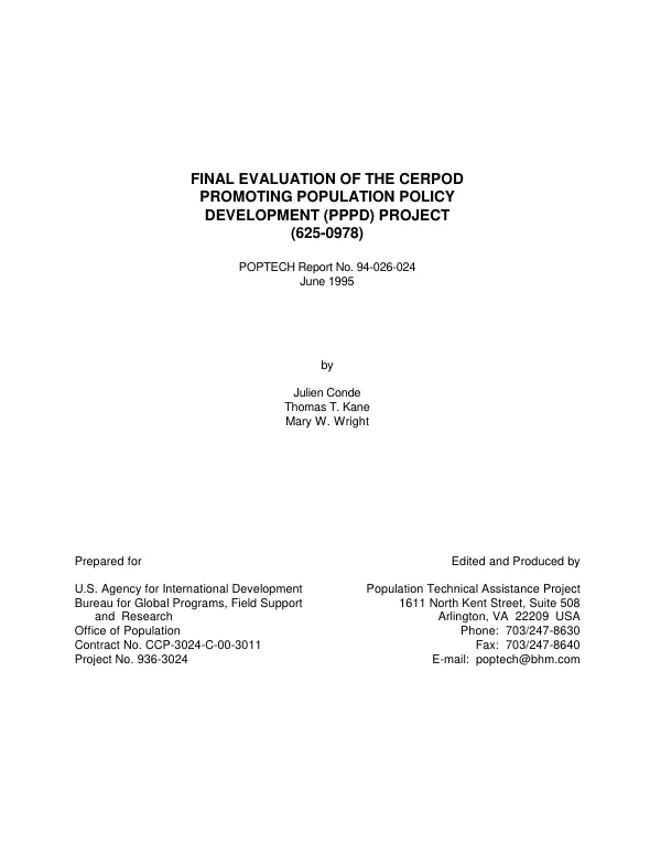 Final evaluation of the CERPOD [Center for Applied Research on Population and Development] promoting population policy development (PPPD) project (625-0978)