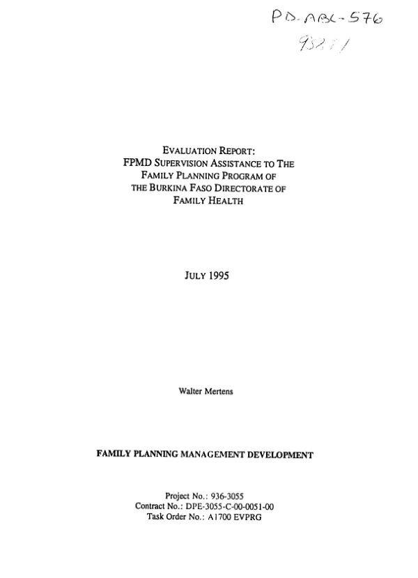 Evaluation report : FPMD [family planning management development] supervision assistance to the family planning program of the Burkina Faso Directorate of Family Health