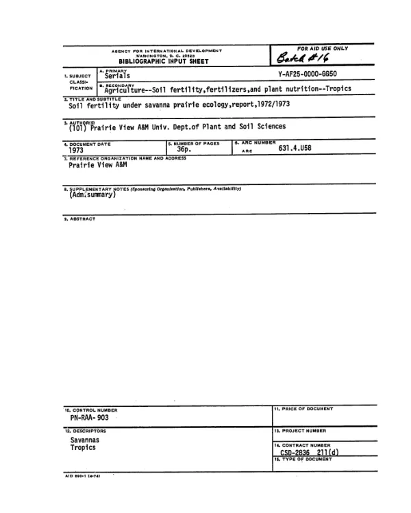 SOIL FERTILITY UNDER SAVANNA PRAIRIE ECOLOGY, REPORT, 1972/1973