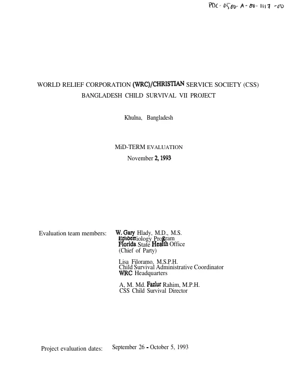 World Relief Corporation (WRC)/Christian Service Society (CSS) Bangladesh child survival VII project, Khulna, Bangladesh : mid-term evaluation