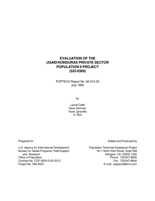 Evaluation of USAID/Honduras private sector population II project (522-0369)