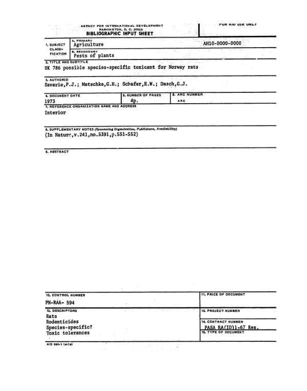 UK 786 possible species : specific toxicant for Norway rats