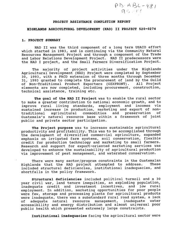 Project assistance completion report : highlands agricultural development (HAD) II project 520-0274