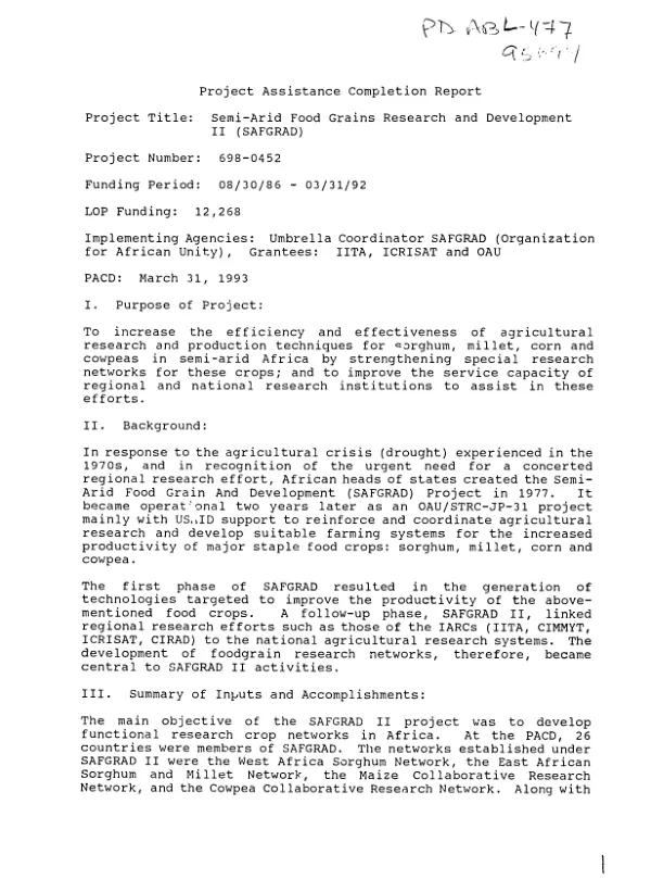Project assistance completion report : semi-arid food grains research and development II (SAFGRAD) -- 08/30/86-03/31/92
