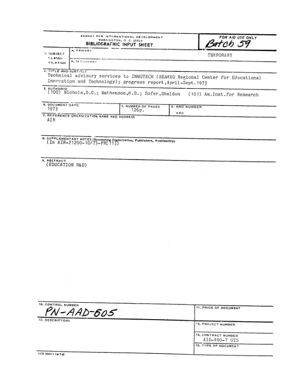 Technical advisory services to Innotech (SEAMEO Regional Center for Educational Innovation and Technology); progress report, April - Sept 1973