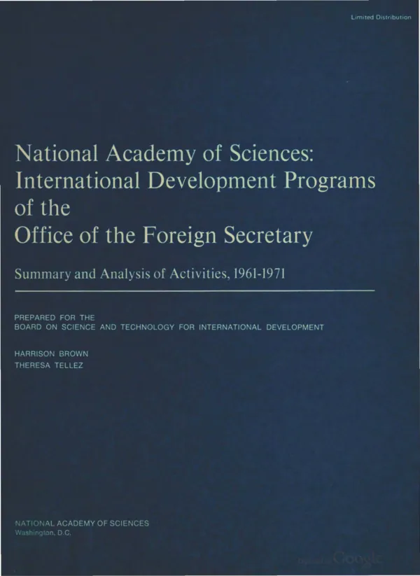 National Academy of Sciences : international development programs of the office to the foreign secretary -- summary and analysis of activities, 1961-1971