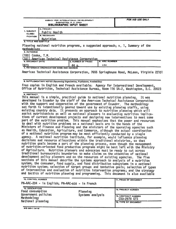 Plantification de programmes nationaux de nutrition, description d"une methode proposee; v. 1, sommaire de la methodologie