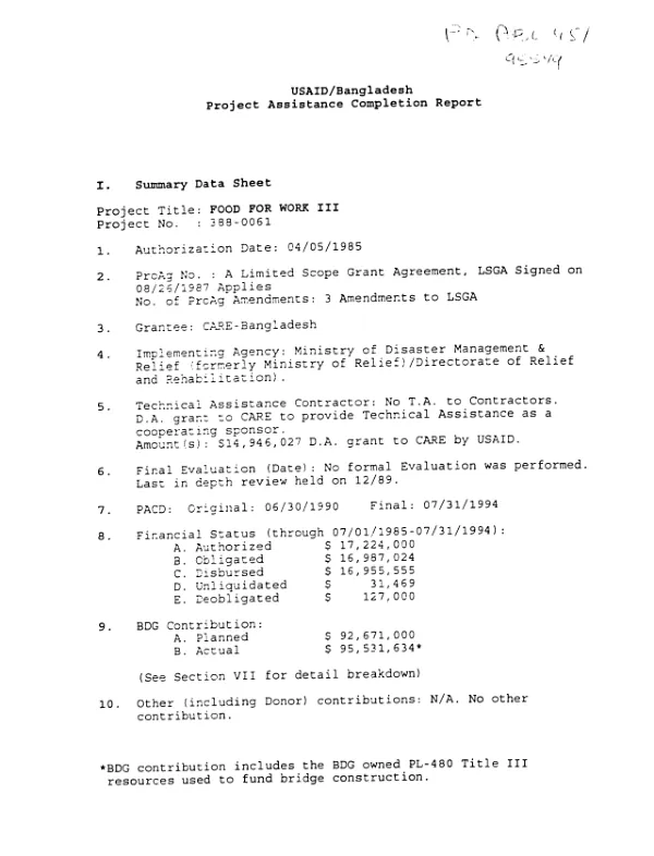 USAID/Bangladesh : project assistance completion report -- food for work III