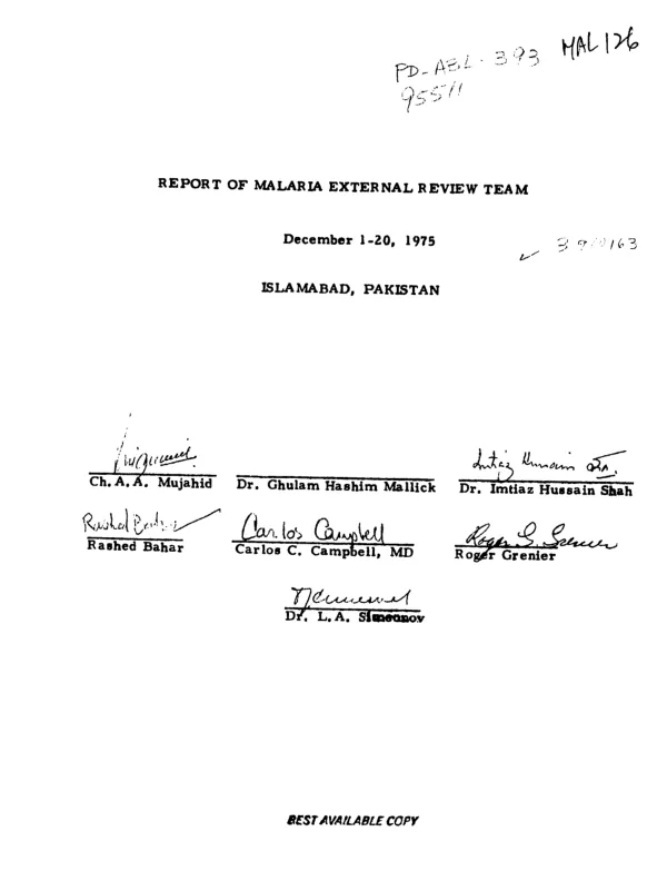 Report of malaria external review team, December 1-20, 1975, Islamabad, Pakistan