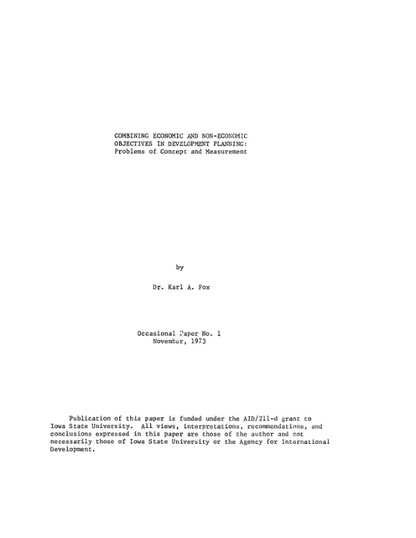 Combining economic and non-economic objectives in development planning, problems of concept and measurement