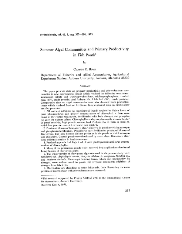 Summer Algal communities and primary productivity in fish ponds