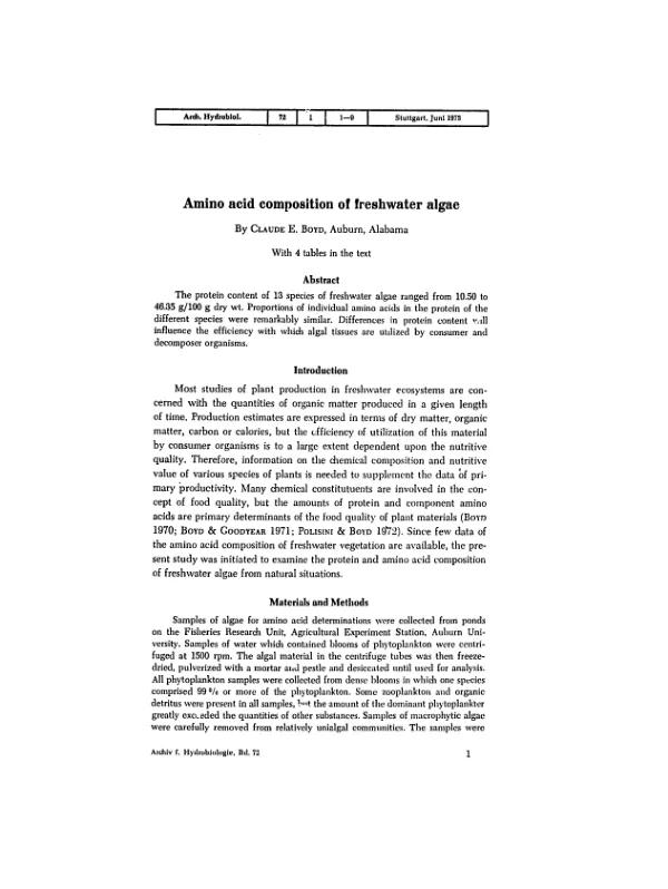 Amino acid composition of freshwater algae