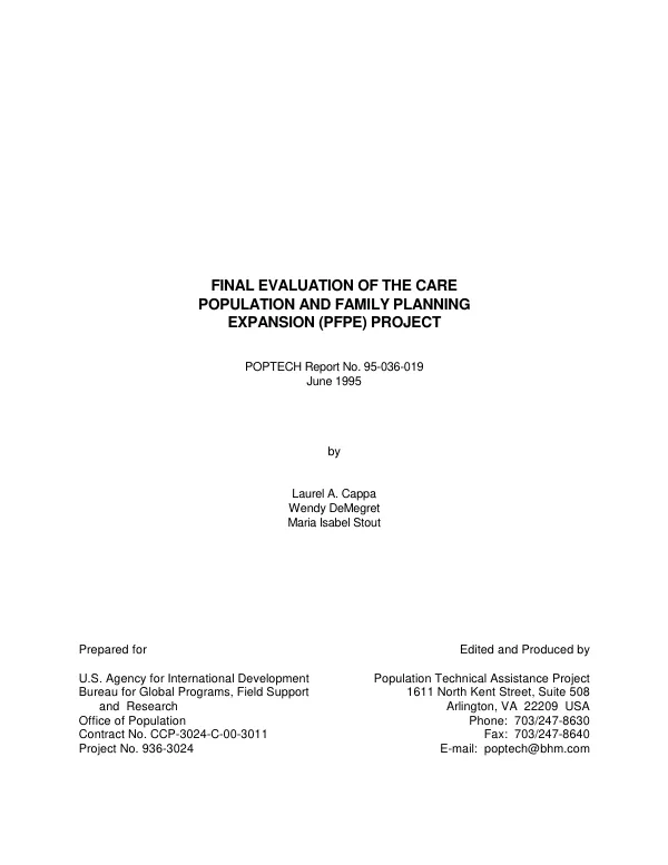 Final evaluation of the CARE population and family planning expansion (PFPE) project