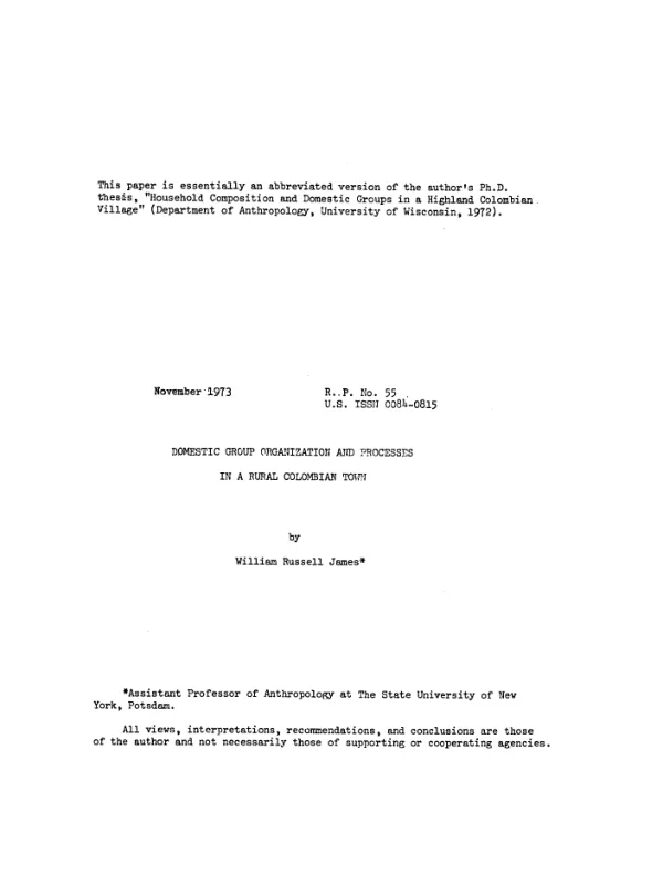 Domestic group organization and processes in a rural Colombian town