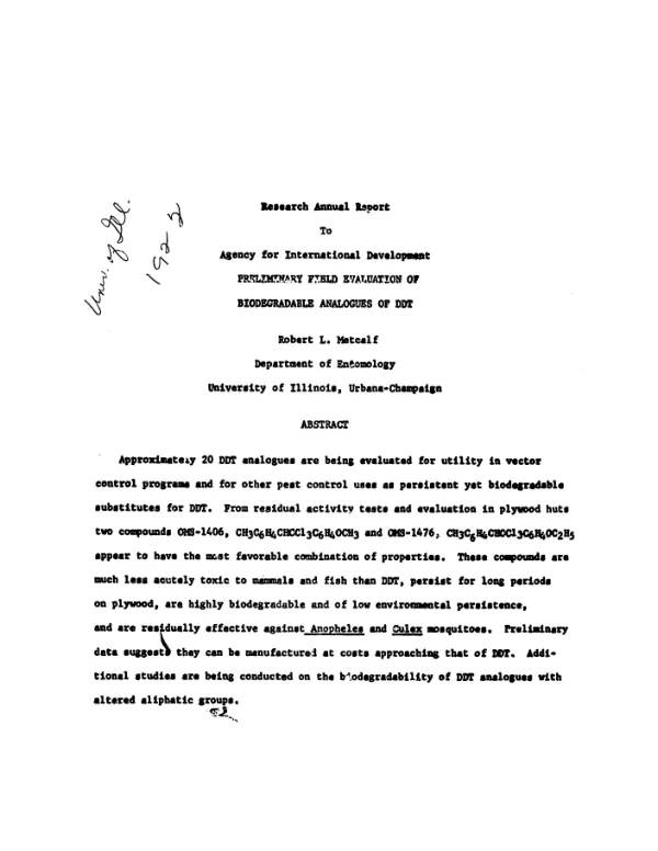 Preliminary field evaluation of biodegradable analogues of DDT : research annual report, 1972/1973