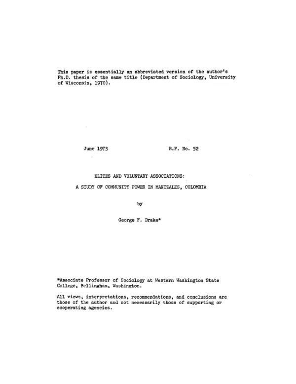Elites and voluntary associations, a study of community power in Manizales, Colombia