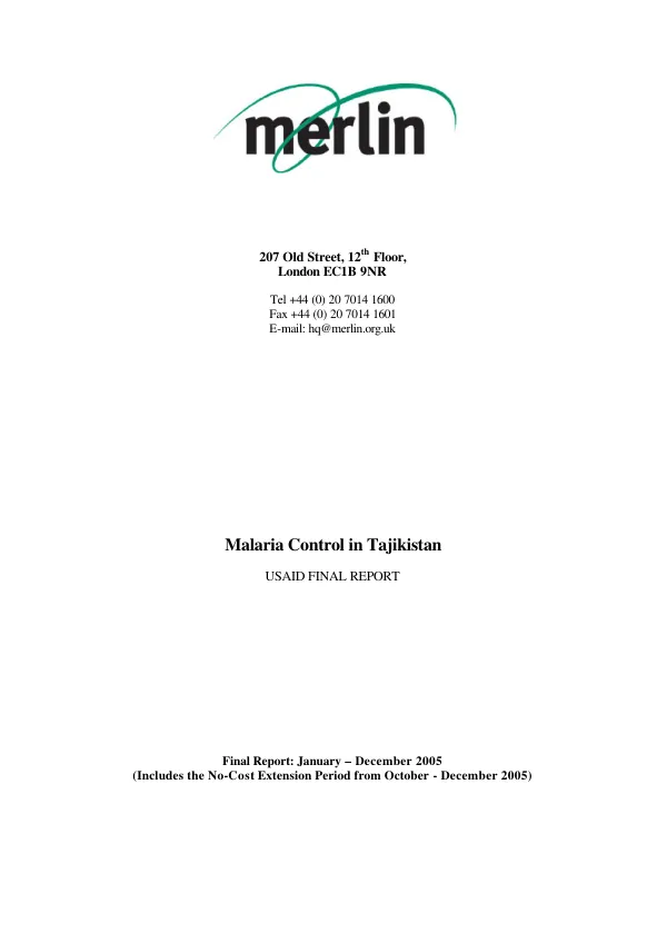 Malaria control in Tajikistan : USAID final report