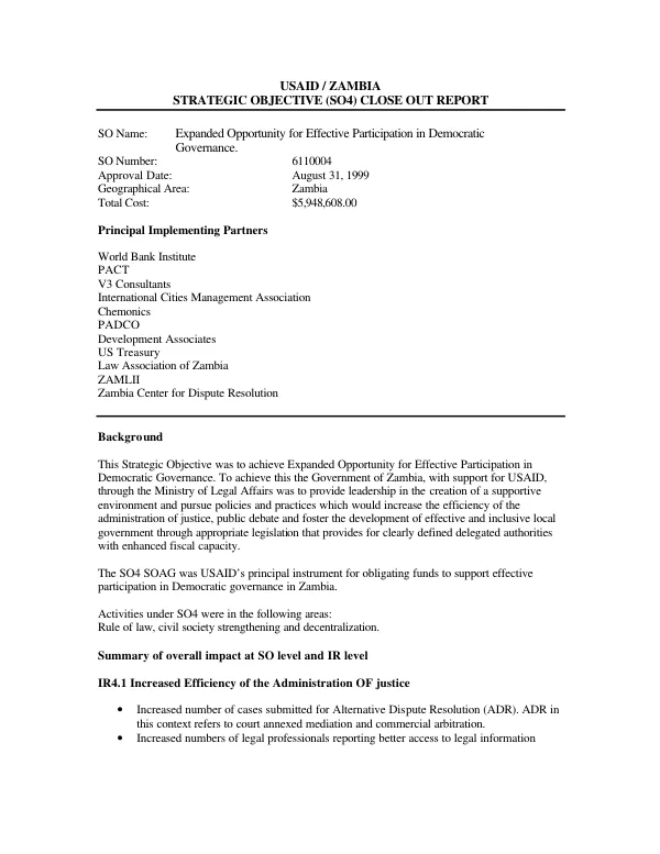 USAID/Zambia strategic objective (SO4) close out report
