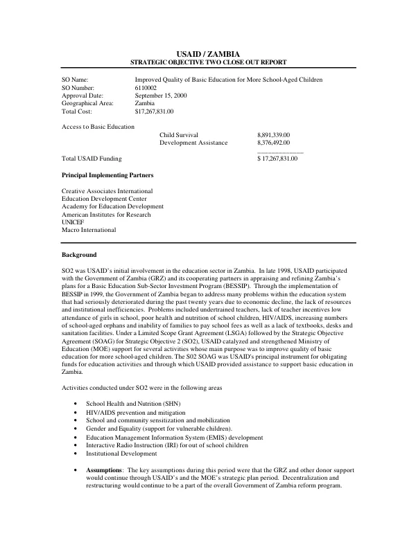 USAID/Zambia strategic objective two close out report
